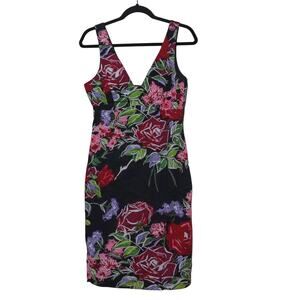 Nicole Miller Womens Sheath Dress Black Knee Length Floral V Neck Sleeveless 10